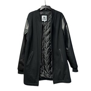 Black Men’s Longline Zip-Up Bomber Jacket with Faux Leather Sleeves Size Large